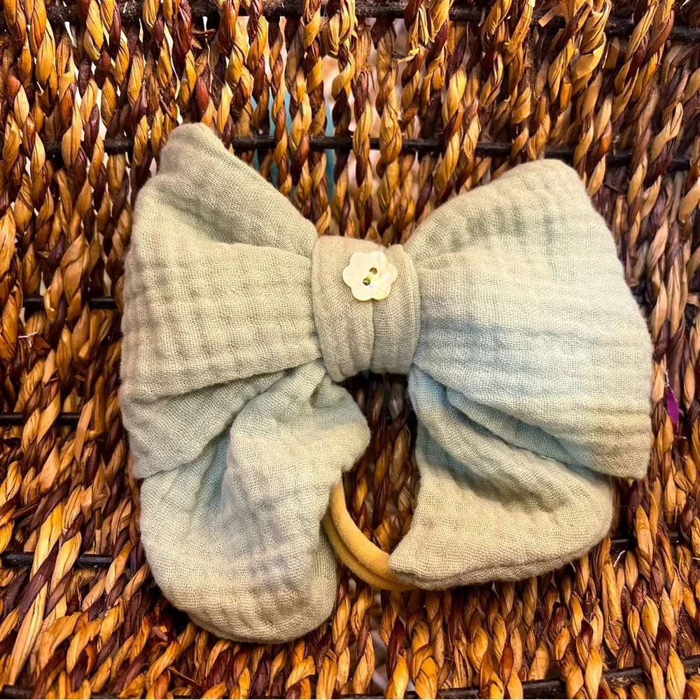 Handmade muslin sage green Kids Hair Bow one of a kind by JoJo style